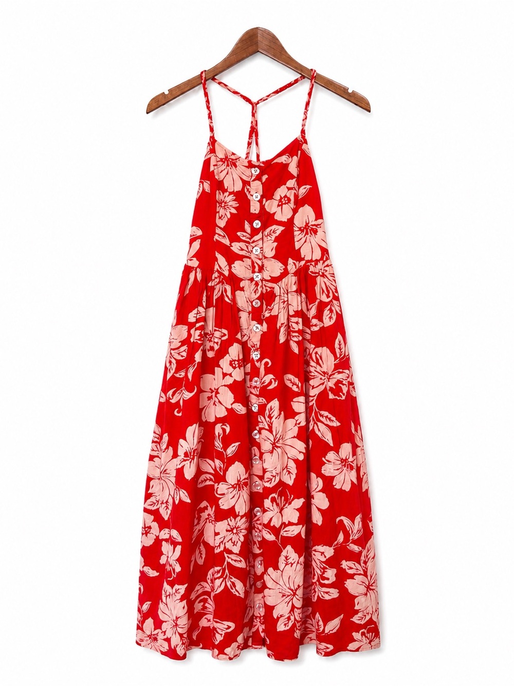 Free People Red and Pink Floral Maxi Dress with Button Front